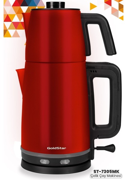 Kırmızı Paslanmaz Çay ve Su Isıtıcı, 2200W, Şık ve Dayanıklı Tasarım