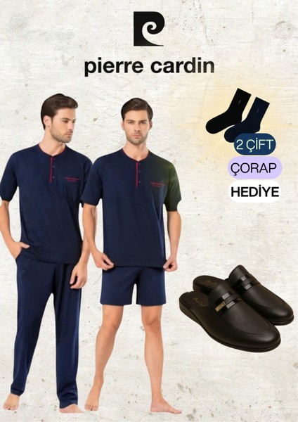 Erkek Giyim 3 Parça Penye %100 Pamuklu Lacivert Pijama Takımı & Deri Terlik OL.PC.5370.291