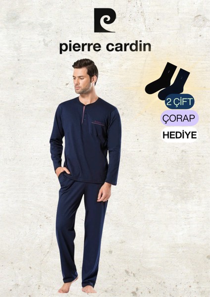 Erkek Giyim Penye %100 Pamuk Uzun Kollu Lacivert Pijama Takımı (2 Adet Hediye Çorap) OL.PC.5454.001