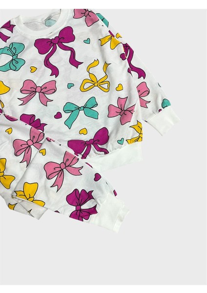 Kız Çocuk Pamuklu Beyaz Kurdele Desenli Uzun Kollu Mevsimlik Pijama Takımı modelleri