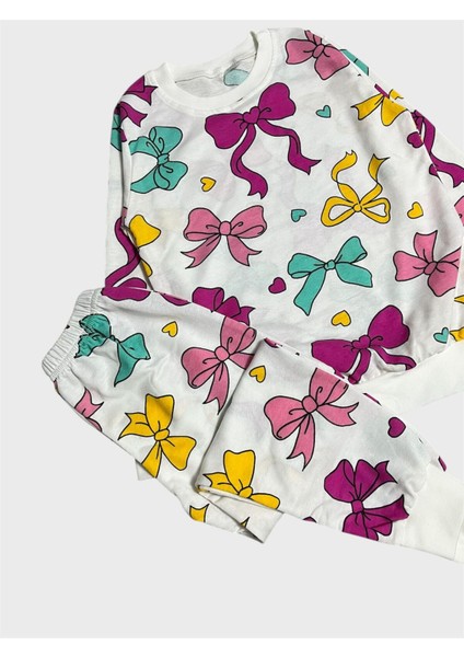 Kız Çocuk Pamuklu Beyaz Kurdele Desenli Uzun Kollu Mevsimlik Pijama Takımı fırsatları