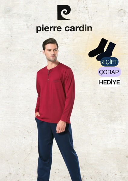 Erkek Giyim Penye %100 Pamuk Uzun Kollu Bordo Pijama Takımı (2 Adet Hediye Çorap) OL.PC.5454.001 fiyatları