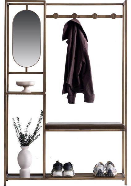 Gomez Antre Aynalı Metal Ahşap Raflı Askılıklı Ayakkabılık