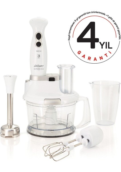 3 Yıl AR1004 Soprano Max Multi Beyaz 1000 W Blender Seti 1,5 L Metal Turbo