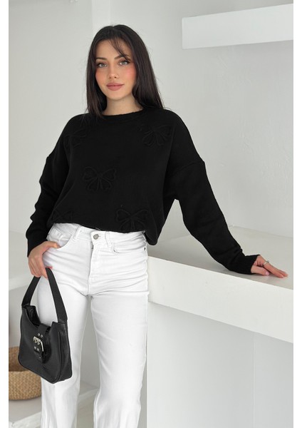 Kadın Kelebek Nakışlı Örgü Kazak – Naif & Dekoratif Stil fırsatları