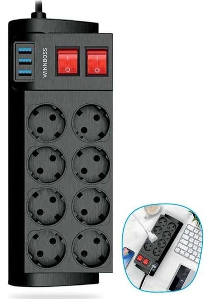 Isıya Dayanıklı Termal Akım Korumalı 2 Metre 16A 4000W 8li Priz ve 3 USB Li Uzatma Kablosu (4887) fiyatları