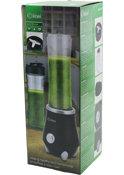 Kiwi KSB-2214 Standlı Blender 250W 500MLPASLANMAZ Çelik Bıçak 2in1 Şişe=blender Hazne- Matara=taşıma Kulplu (5263)