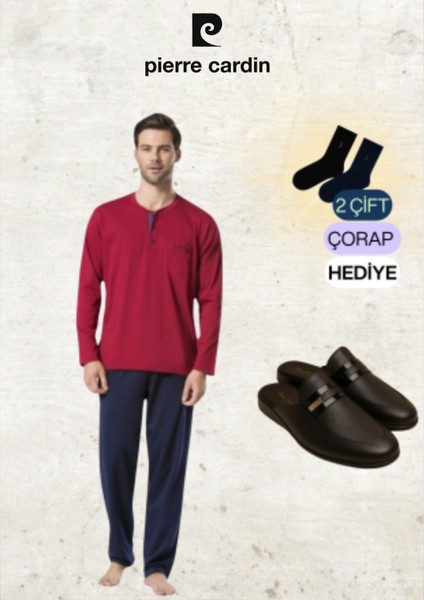 Erkek Giyim Penye %100 Pamuk Uzun Kollu Bordo Pijama Takımı & Deri Terlik (2 Adet Hediye Çorap)