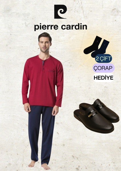 Erkek Giyim Penye %100 Pamuk Uzun Kollu Bordo Pijama Takımı & Deri Terlik (2 Adet Hediye Çorap) fiyatları