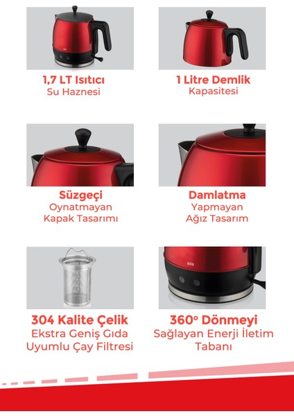 Kırmızı Geniş Kapasiteli 2200W Paslanmaz Çelik Çay ve Su Isıtıcı