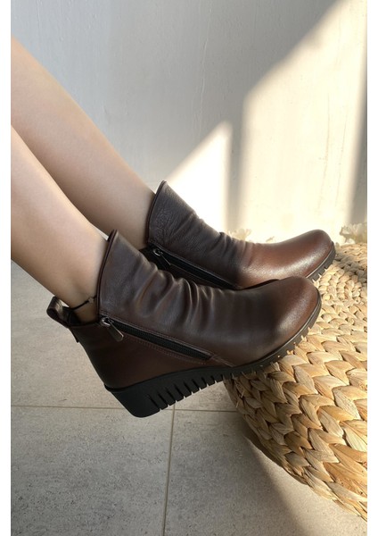 Hakiki Deri Kahverengi Ortopedik Taban Dolgu Topuk Kadın Bot TMD202523 fırsatları