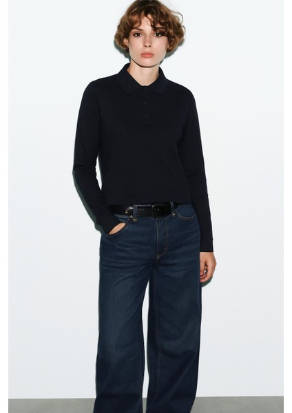 Uzun Kollu Düğme Detaylı Pamuklu Polo Yaka Okul Sweat