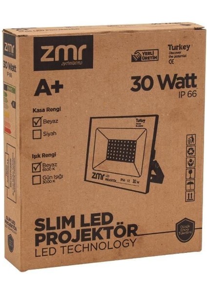 30 Watt 6500K IP66 150* Işık Açısı 220 Volt Siyah Slim Kasa LED Projektör