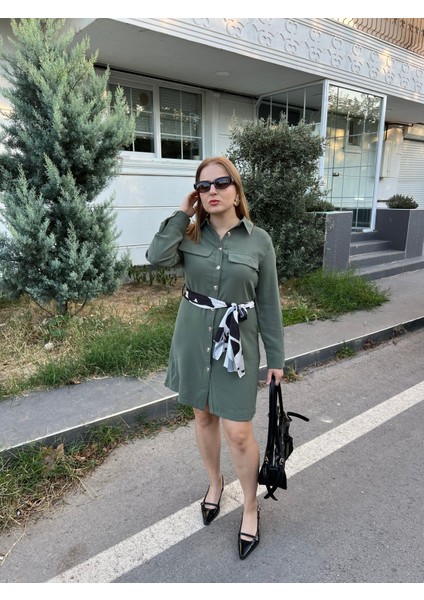 Şal Detaylı Kısa Haki Gömlek Elbise