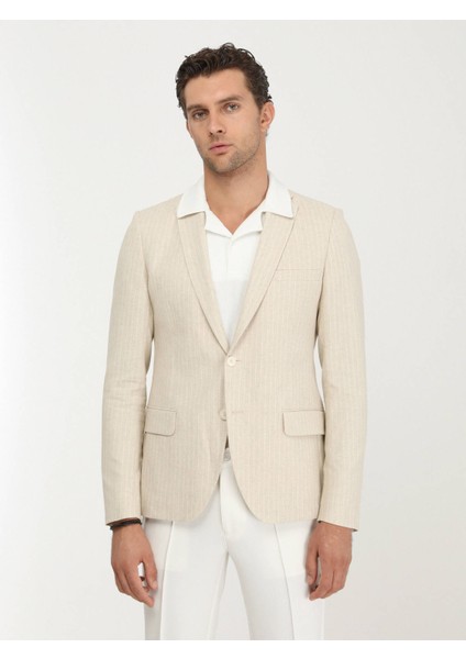 Bej Çizgili Slim Fit Pamuk Karışımlı Ceket