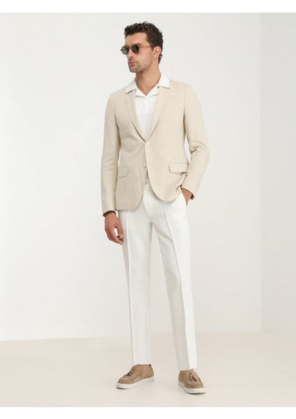 Bej Çizgili Slim Fit Pamuk Karışımlı Ceket