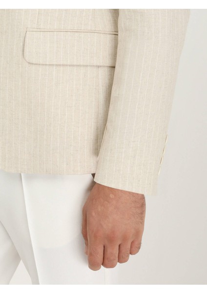 Bej Çizgili Slim Fit Pamuk Karışımlı Ceket