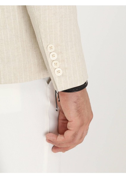 Bej Çizgili Slim Fit Pamuk Karışımlı Ceket