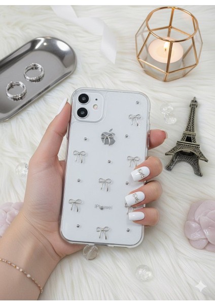 Iphone 11 Uyumlu 3D Kabartmalı Fiyonk ve Taş Desenli Şık Telefon Kılıfı