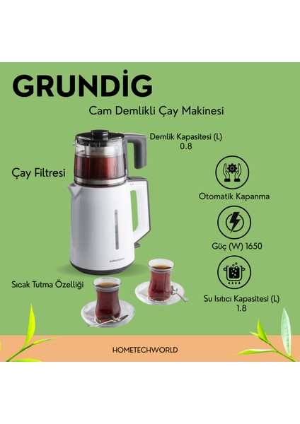 1,8 Lt Cam Demlikli Çay Makinesi, 1650 W, Beyaz, Modern ve Şık Tasarım