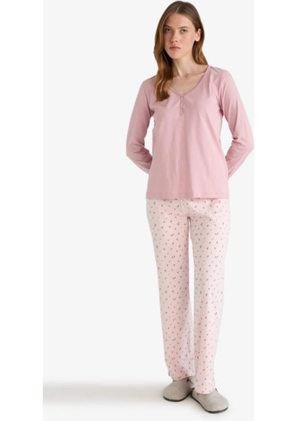 Pijama Takımı Regular Fit Uzun Kollu Üst Desenli Uzun Alt-Fall in Love G0229AX25AU