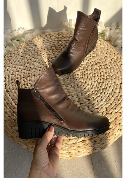 Hakiki Deri Kahverengi Ortopedik Taban Dolgu Topuk Kadın Bot TMD202523