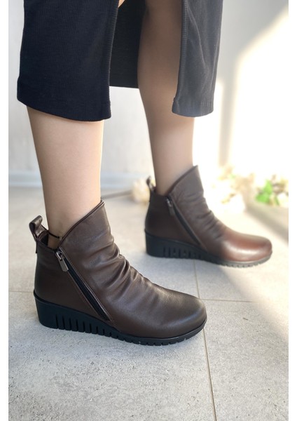 Hakiki Deri Kahverengi Ortopedik Taban Dolgu Topuk Kadın Bot TMD202523 fiyatları