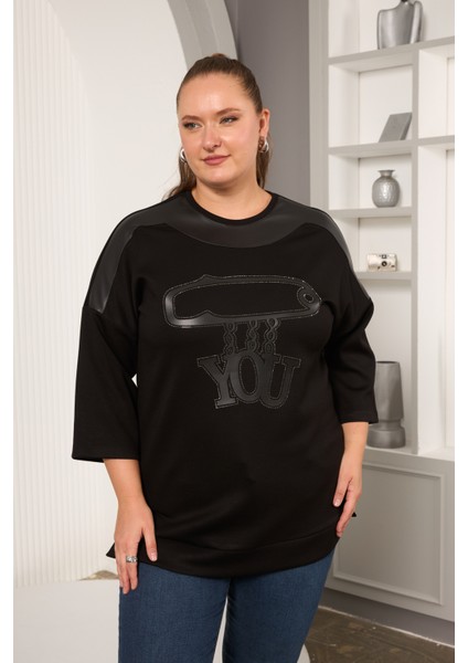 Büyük Beden Deri Detaylı Baskılı Bluz