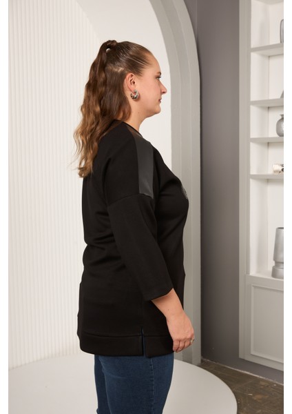 Büyük Beden Deri Detaylı Baskılı Bluz modelleri