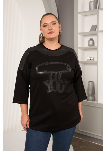 Büyük Beden Deri Detaylı Baskılı Bluz