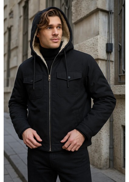 Erkek Içi Kürklü Kapşonlu Kışlık Siyah Bol ceket fiyatları