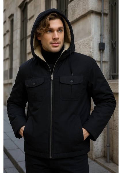 Erkek Içi Kürklü Kapşonlu Kışlık Siyah Bol ceket modelleri