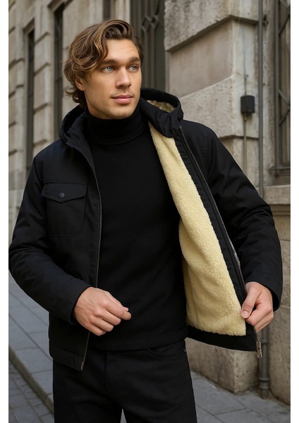 Erkek Içi Kürklü Kapşonlu Kışlık Siyah Bol ceket indirimleri