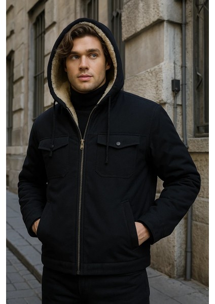 Erkek Içi Kürklü Kapşonlu Kışlık Siyah Bol ceket