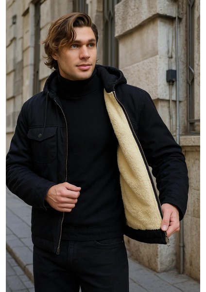Erkek Içi Kürklü Kapşonlu Kışlık Siyah Bol ceket