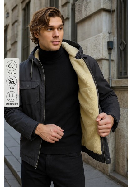 Erkek Içi Kürklü Kapşonlu Kışlık Füme Bol Ceket