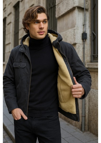 Erkek Içi Kürklü Kapşonlu Kışlık Füme Bol Ceket fırsatları