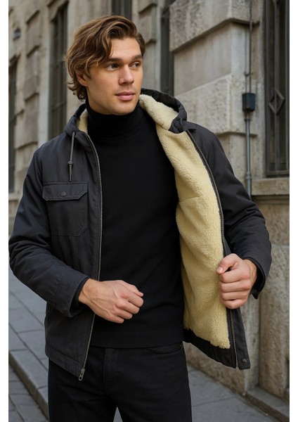 Erkek Içi Kürklü Kapşonlu Kışlık Füme Bol Ceket