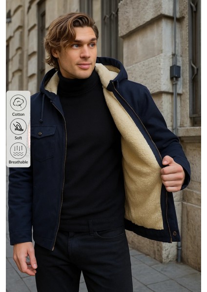 Erkek Içi Kürklü Kapşonlu Kışlık Lacivert Ceket