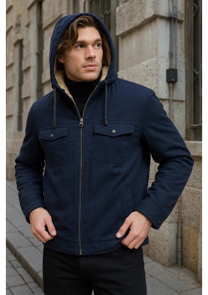 Erkek Içi Kürklü Kapşonlu Kışlık Lacivert Ceket fiyatları