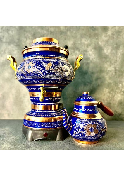 El Yapımı Bakır Semaver ve Çay Makinesi, 5.2 Litre, Mavi, 220V