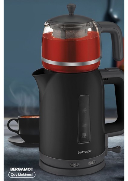 2200W Cam Demlikli Bpa'sız Çay ve Su Isıtıcı, Siyah Renk