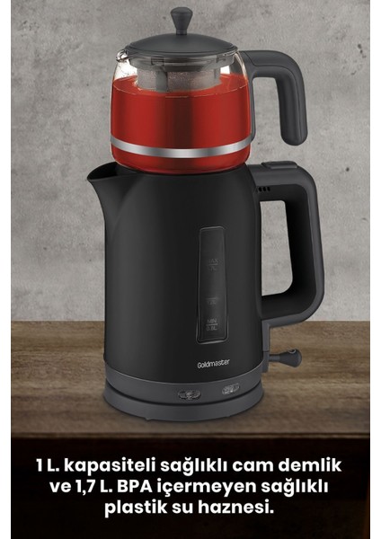 2200W Cam Demlikli Bpa'sız Çay ve Su Isıtıcı, Siyah Renk