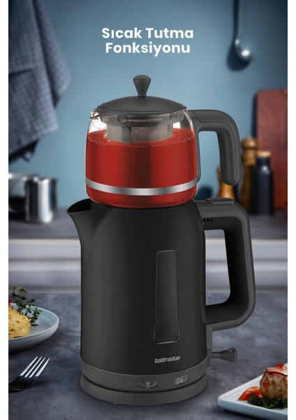 2200W Cam Demlikli Bpa'sız Çay ve Su Isıtıcı, Siyah Renk