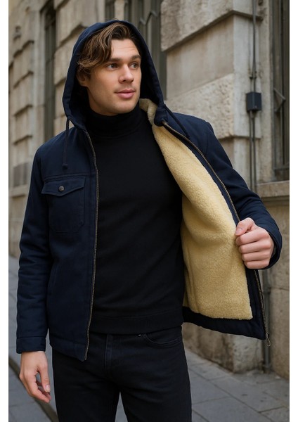 Erkek Içi Kürklü Kapşonlu Kışlık Lacivert Ceket fırsatları