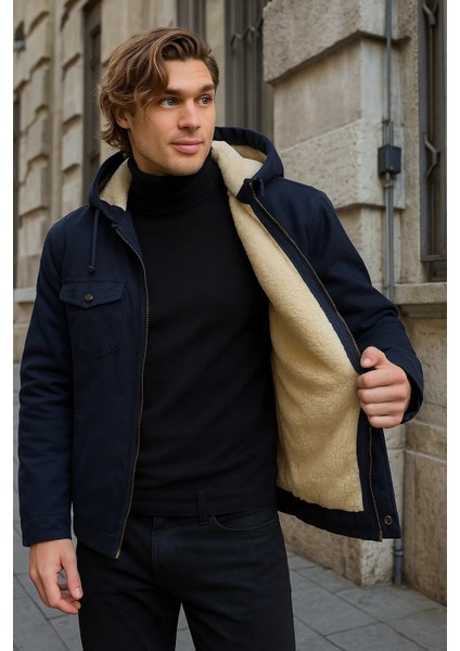Erkek Içi Kürklü Kapşonlu Kışlık Lacivert Ceket