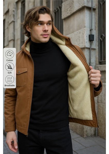 Erkek Içi Kürklü Kapşonlu Kışlık Kahve Bol Ceket