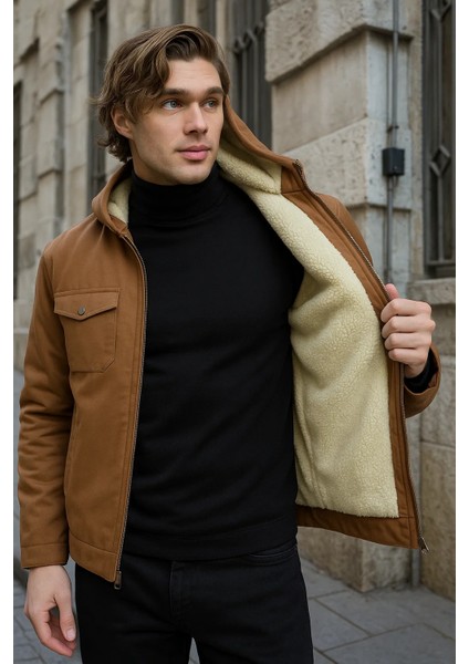 Erkek Içi Kürklü Kapşonlu Kışlık Kahve Bol Ceket