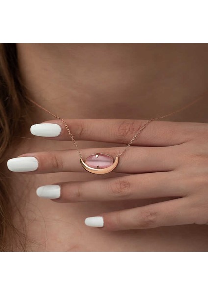 925 Ayar Gümüş Pembe Kedi Gözü Taşlı Hilal Kolye T4760 (599599) fiyatları