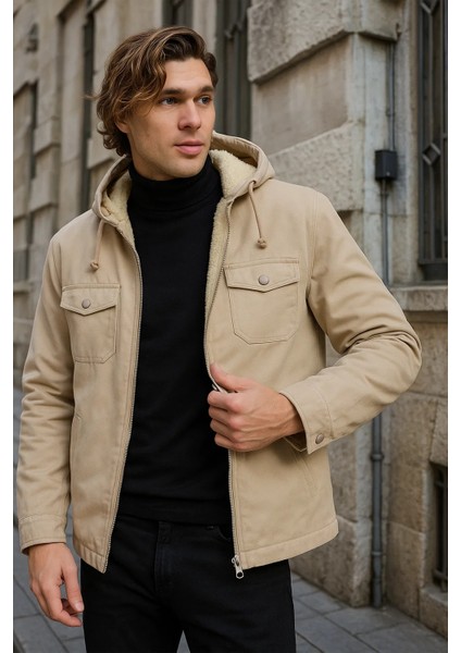 Erkek Içi Kürklü Kapşonlu Kışlık Krem Bol Ceket fırsatları